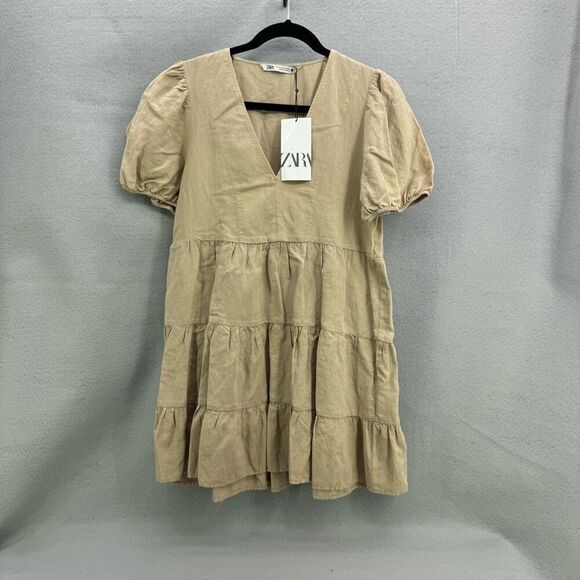 NWT Zara Linen Blend Babydoll Puff Sleeve Dress Size XS - Picture 9 of 9